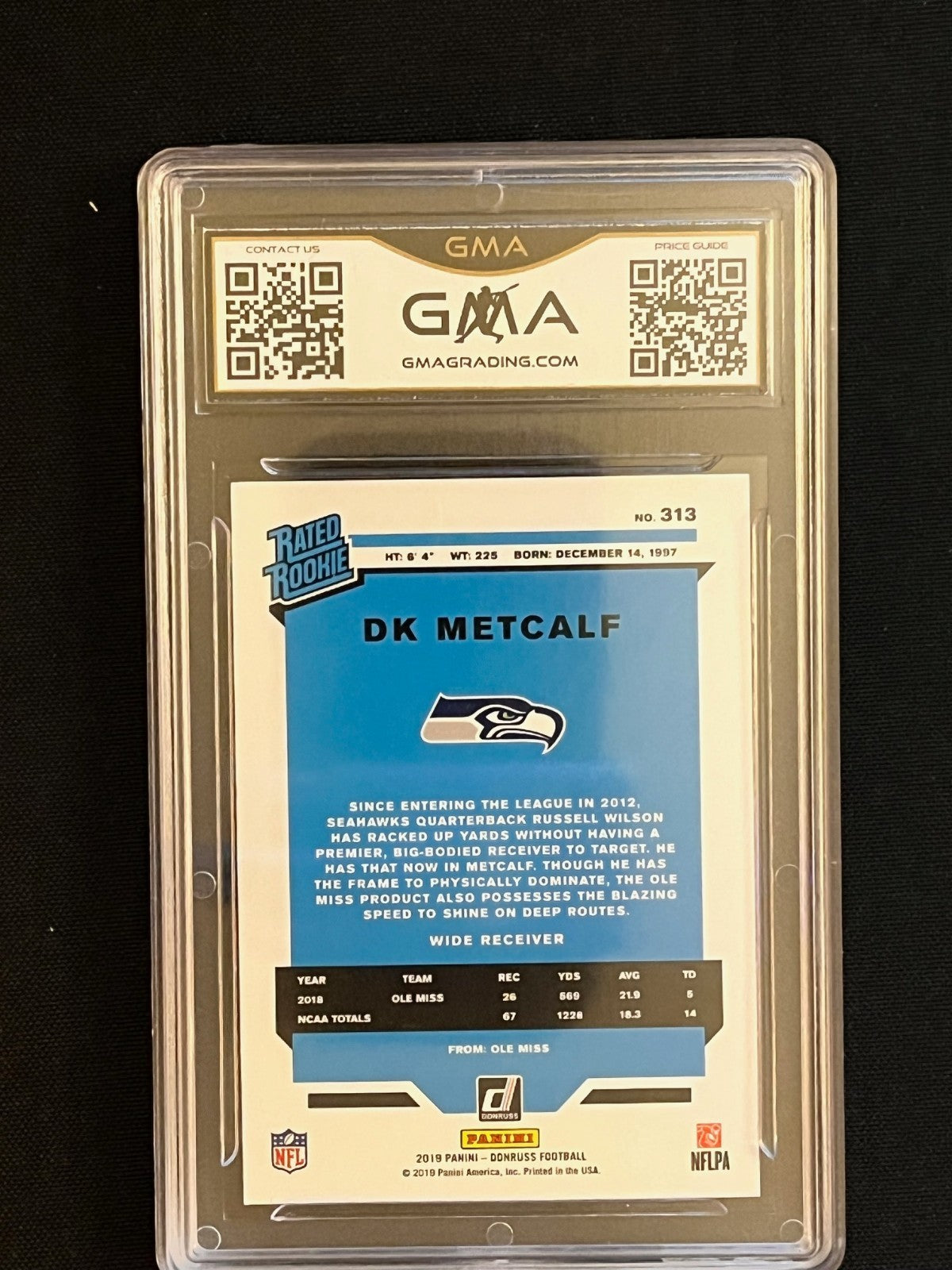 2019 Panini Donruss Football DK Metcalf Rated Rookie #313 – GMA 10 - slab back