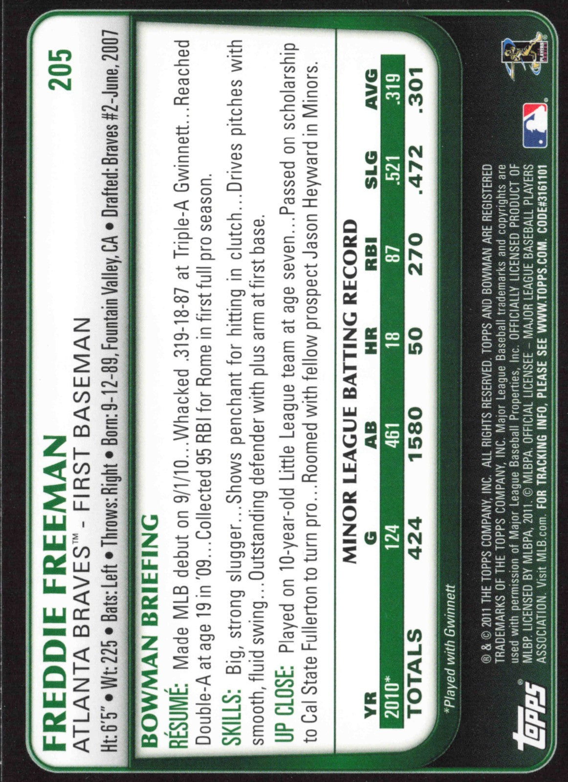 2011 Bowman Baseball Freddie Freeman Gold Rookie #205 - back