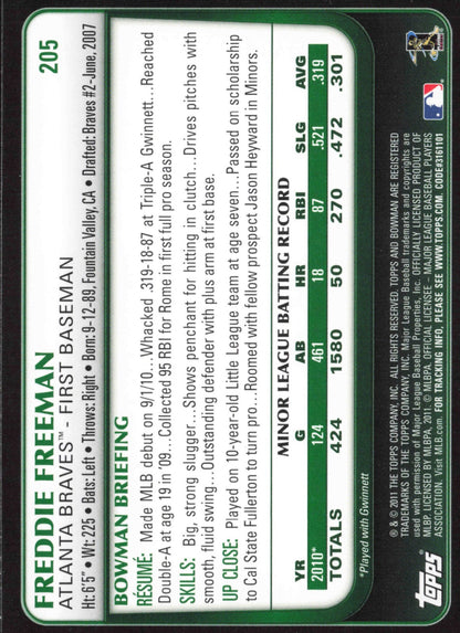 2011 Bowman Baseball Freddie Freeman Gold Rookie #205 - back