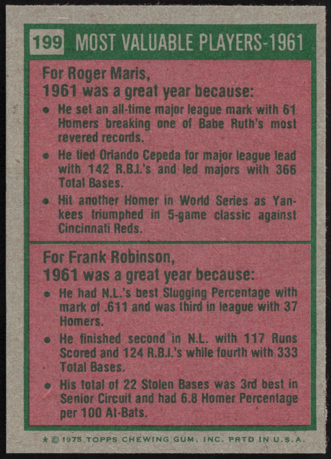 1975 Topps Mini Baseball 2-Card Lot 1954 MVPs Berra/Mays #192 & 1961 MVPs Maris/Robinson #199 - #199 back