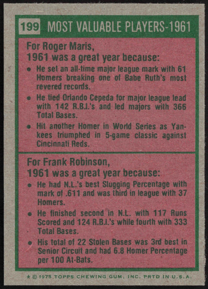 1975 Topps Mini Baseball 2-Card Lot 1954 MVPs Berra/Mays #192 & 1961 MVPs Maris/Robinson #199 - #199 back