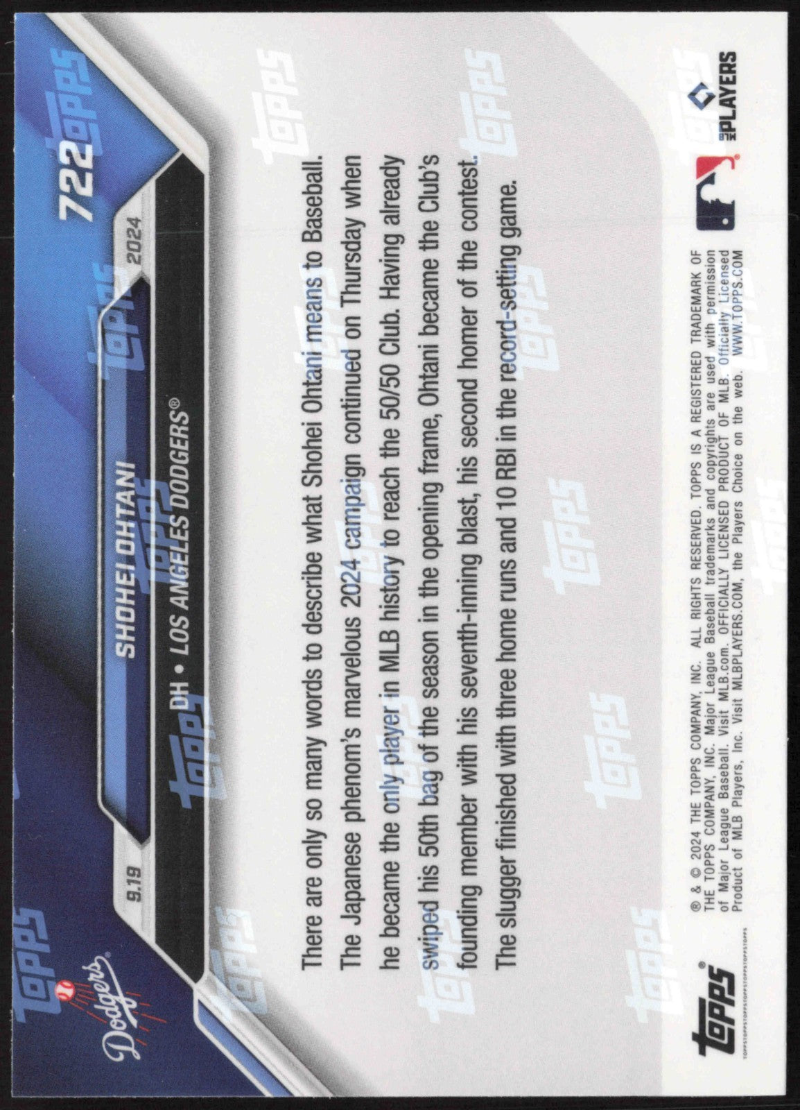 2024 Topps Now Baseball Shohei Ohtani 50/50 #722 - back